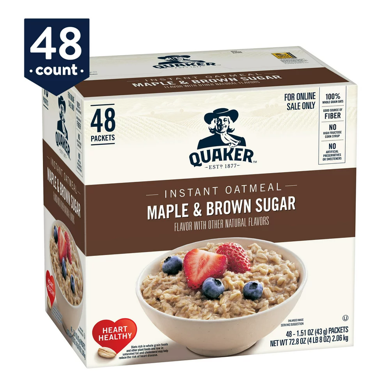 Quaker Oats Instant Oatmeal Maple Brown Sugar Individual Packets 48 Count