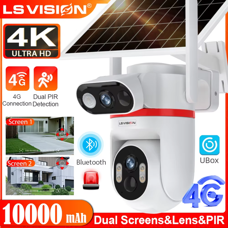 4G LTE Solar Cameras 8MP Outdoor Surveillance Cameras Dual Screens Dual PIR Dete