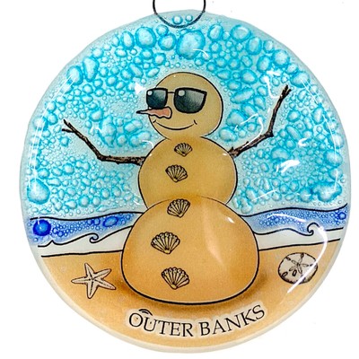 Outer Banks Snowman Christmas Tree Ornament - Art Glass Light Catcher Map