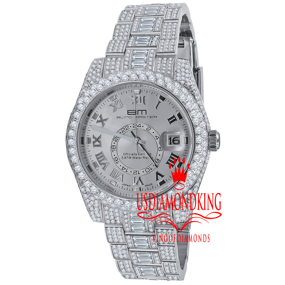 Pre-owned Bling Master Mens Stainless Steel 18k White Gold Finish Simulated Diamond Watch 42mm W/date