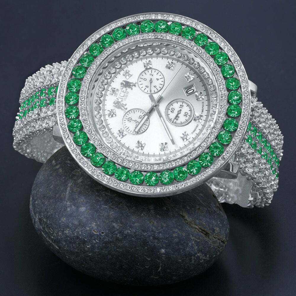 Pre-owned Ice House Real Diamond Dial Green Emerald Xxl Custom Mens Watch 18k White Gold Finish Date