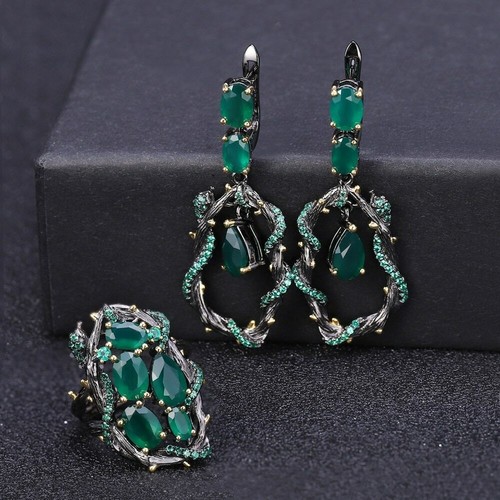 GEM'S BALLET NATURAL GREEN AGATE GEMSTONE DROP EARRINGS 925 SILVER XMAS GIFTS FOR HER WOMEN