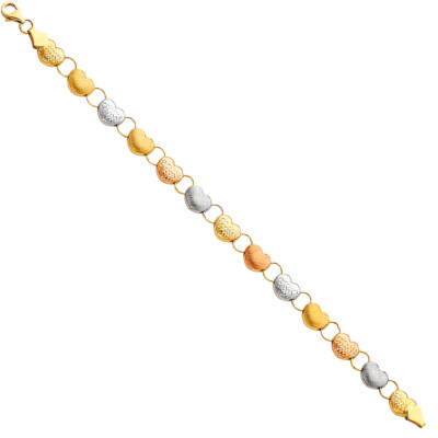 Pre-owned Wellingsale 14k Tri Color Gold Diamond Cut Heart Bracelet - 7.25"