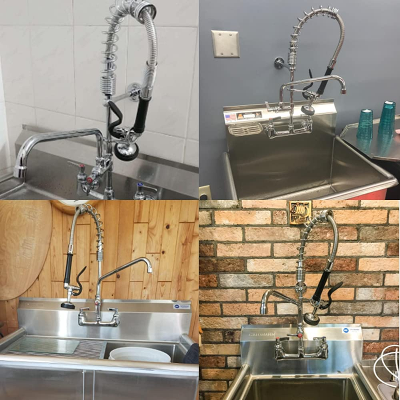 Commercial Faucet with Pre-Rinse Sprayer 8 Inch Center Wall Mount Kitchen Sink F