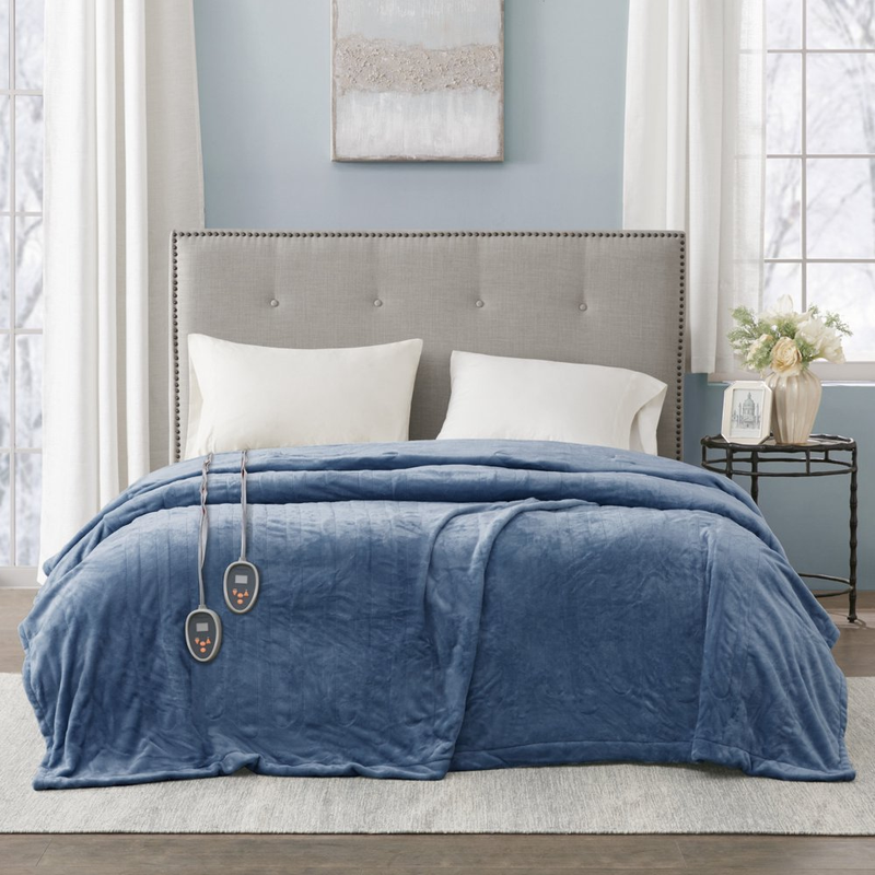 Electric Heated Blanket King Size Dark Blue Soft Plush Auto Shut Off