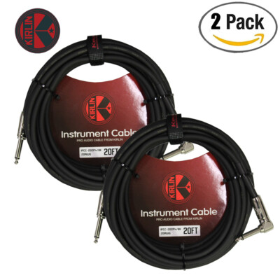2-PACK Kirlin 20FT 1/4'' Straight-Right Angle 20AWG Instrument Cable Black