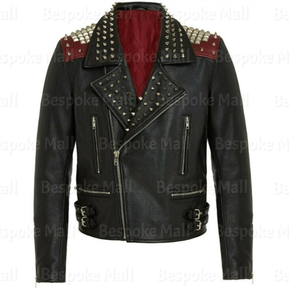 Pre-owned Handmade Men's  Black Punk Silver Studded Cowhide Biker Leather Jacket-707