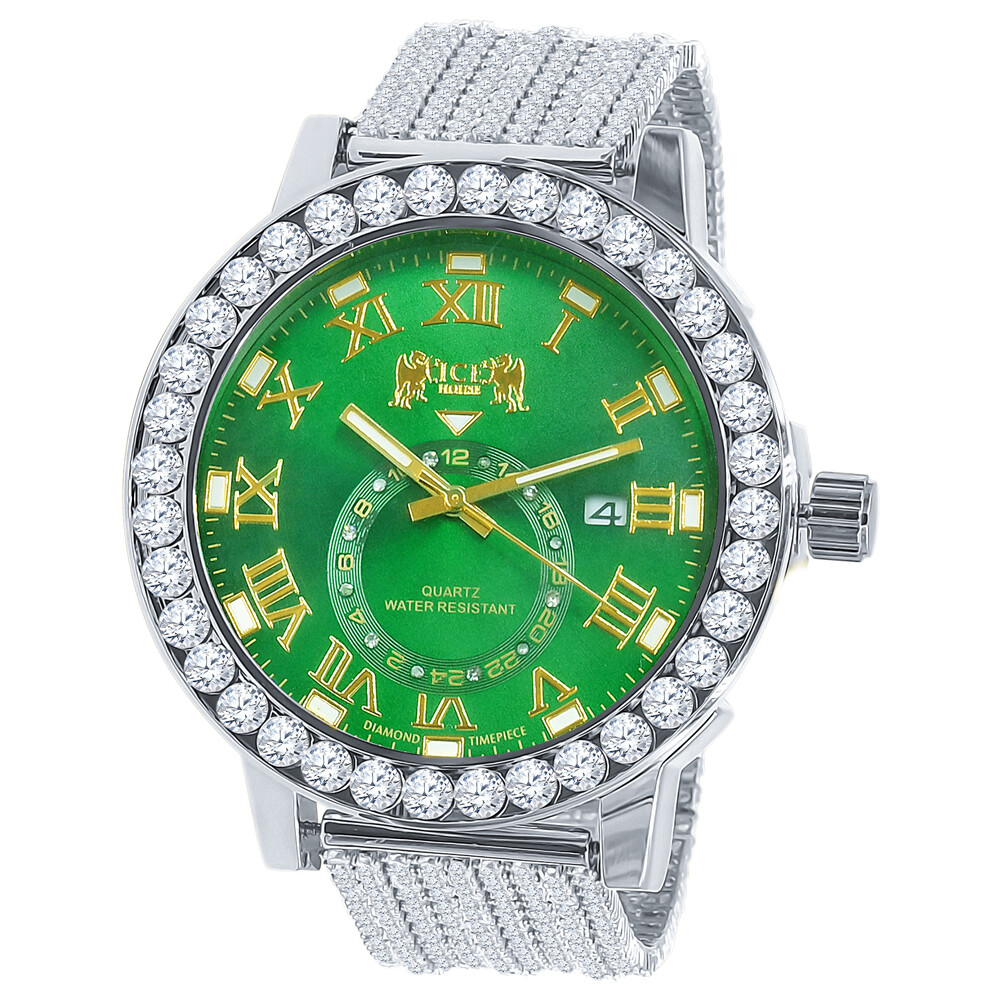 Pre-owned Icy Real Diamonds Gold Tone Emerald Green Solitaire Dial Custom Band Bezel Watch