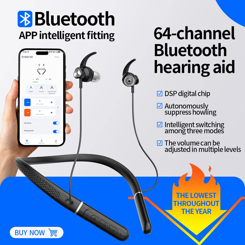 3-In-1 Neckband Hearing Aid With App Bluetooth Rechargeable Anti-Loss Headphone