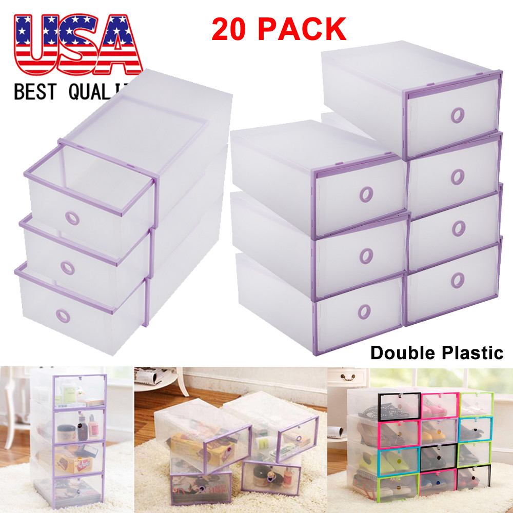 20pcs Double Plastic Clear Shoes Box Foldable Storage Purple