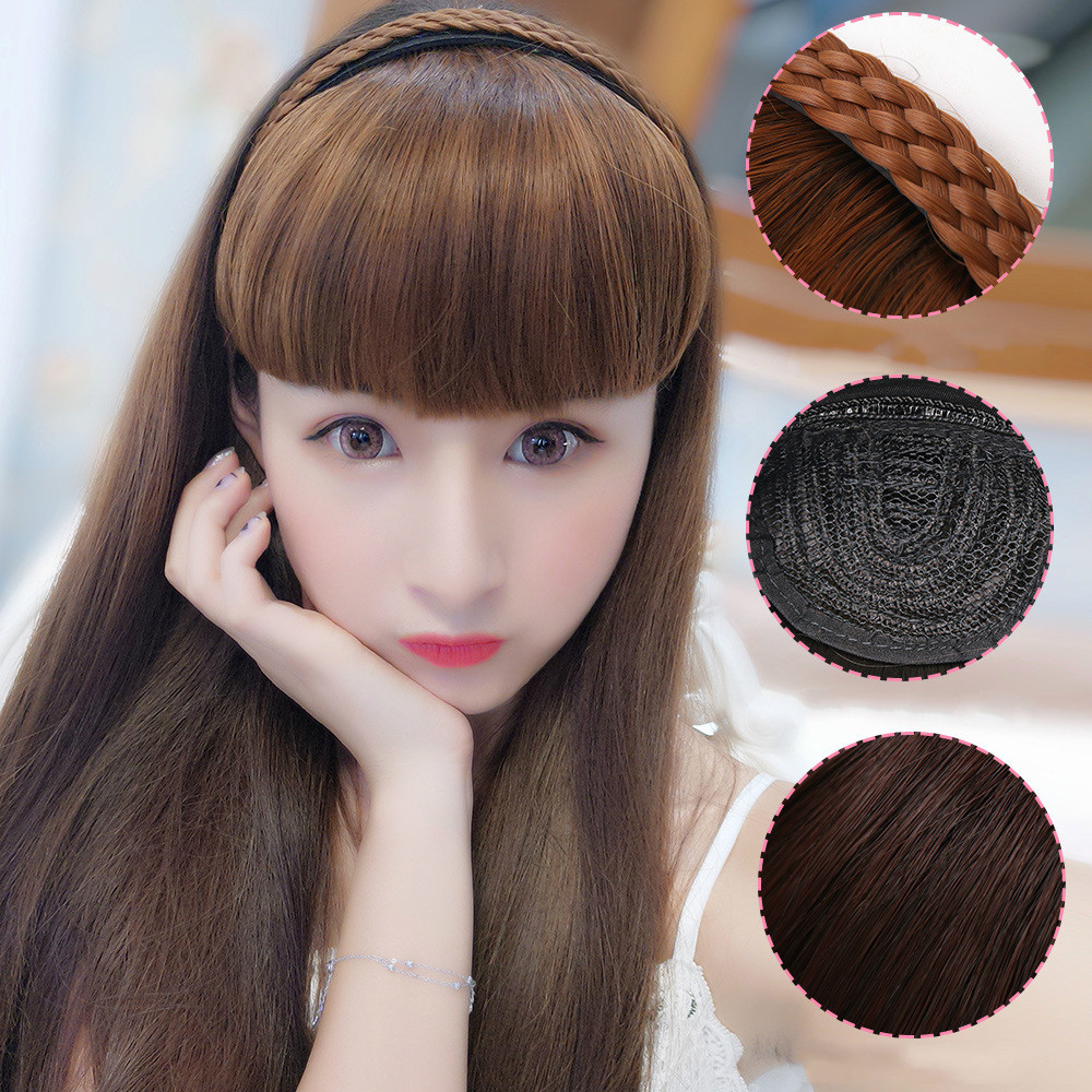 Girls Human Hair Bangs With A Braided Hairband Straight Sides Long