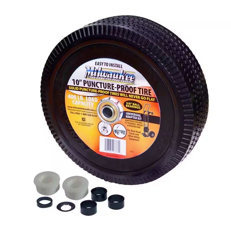 Milwaukee 10in Flat Free Wheel Foam Tire 400lb Load Steel Hub Bearings Heavyduty