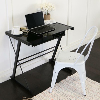 Computer Desk With Keyboard Tray Metal 1-Drawer Glass Top Steel Rectangle Black
