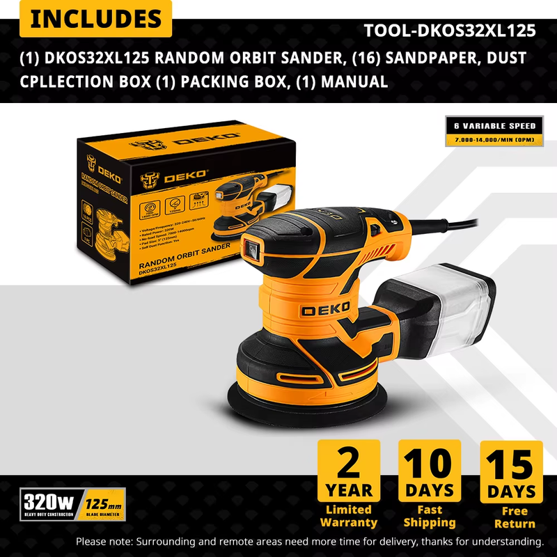 DKOS32XL125 320W Speed 14000pm Random Orbit Sander Home DIY Carpenter Strong Du