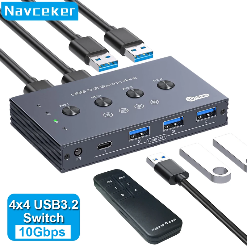 Navceker 10Gbps USB 3.2 Switch 4 Computers Share 4 Peripherals 4 Port USB 3.2 Sw