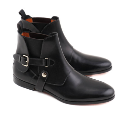 Pre-owned Santoni $1295  Fatte A Mano Black Chelsea Boots W/ Buckle Detail Us 6.5 Shoes