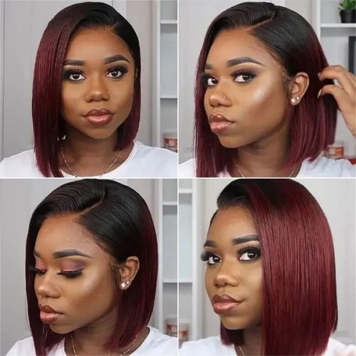 Women Wine Red Heat Resistant Synthetic Straight Ombre Bob Wig Bangs 10 Inch Short Bob Straight Wigs Dark Roots Ombre Wine Red Synthetic  main image 3