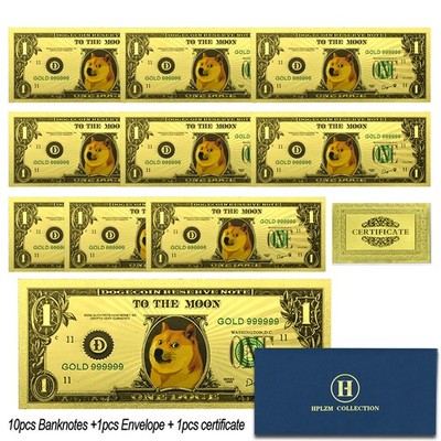 Dogecoin Gedenk Banknote Set Gold Foil Banknote – 10 Stück Mit & Umschlag