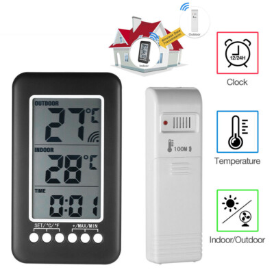 Indoor & Outdoor Weather Station Clock Calendar Digital LCD Thermometer Wireless