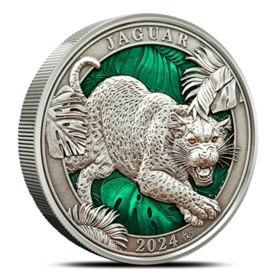 2024 3 oz Antique Barbados Silver Colours of Wildlife Jaguar -  ON SALE!