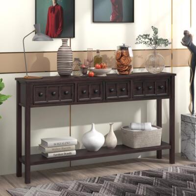 Rustic Entryway Console Sofa Table with Two Drawers and Bottom Shelf Espresso