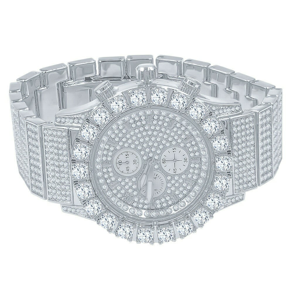 Pre-owned Blingmaster Solid Stainless Steel White Gold Tone Finish Simulated Diamond 48mm Men's Watch