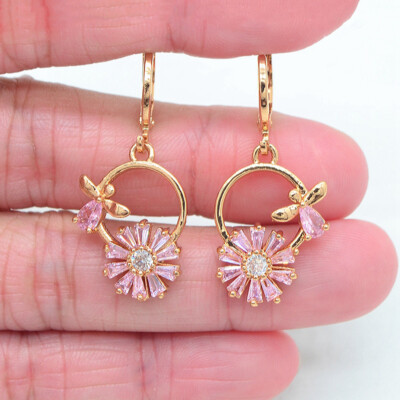 18K Yellow Gold Filled Women Pink Mystic Topaz Flower Bowknot Dangle Earrings