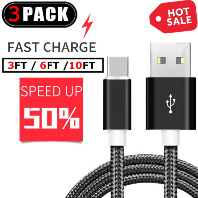 3Pack Braided USB C Type-C Fast Charging Data SYNC Charger Cable Cord 3/6/10FT