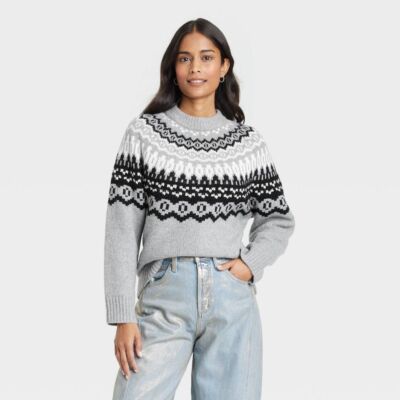 Womens Crewneck Pullover Sweater - Universal Thread Gray Fairisle XS
