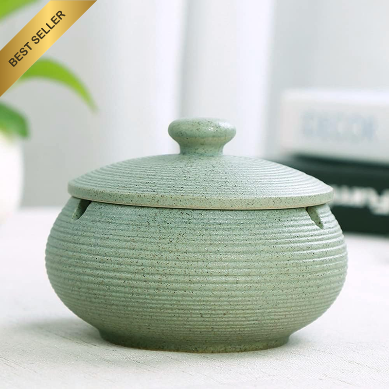 Handmade Ceramic Ashtray Lid Desktop Windproof Outdoor Green