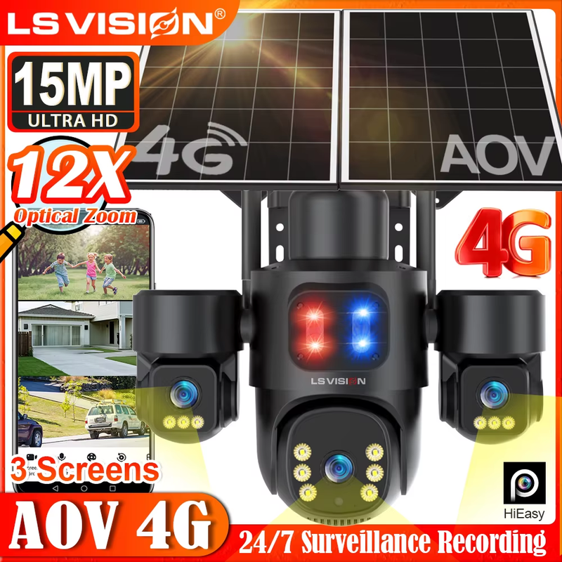 15MP AOV 24/7 Recording 4G Solar Camera 12X Optical Zoom Security Camera Outdoor