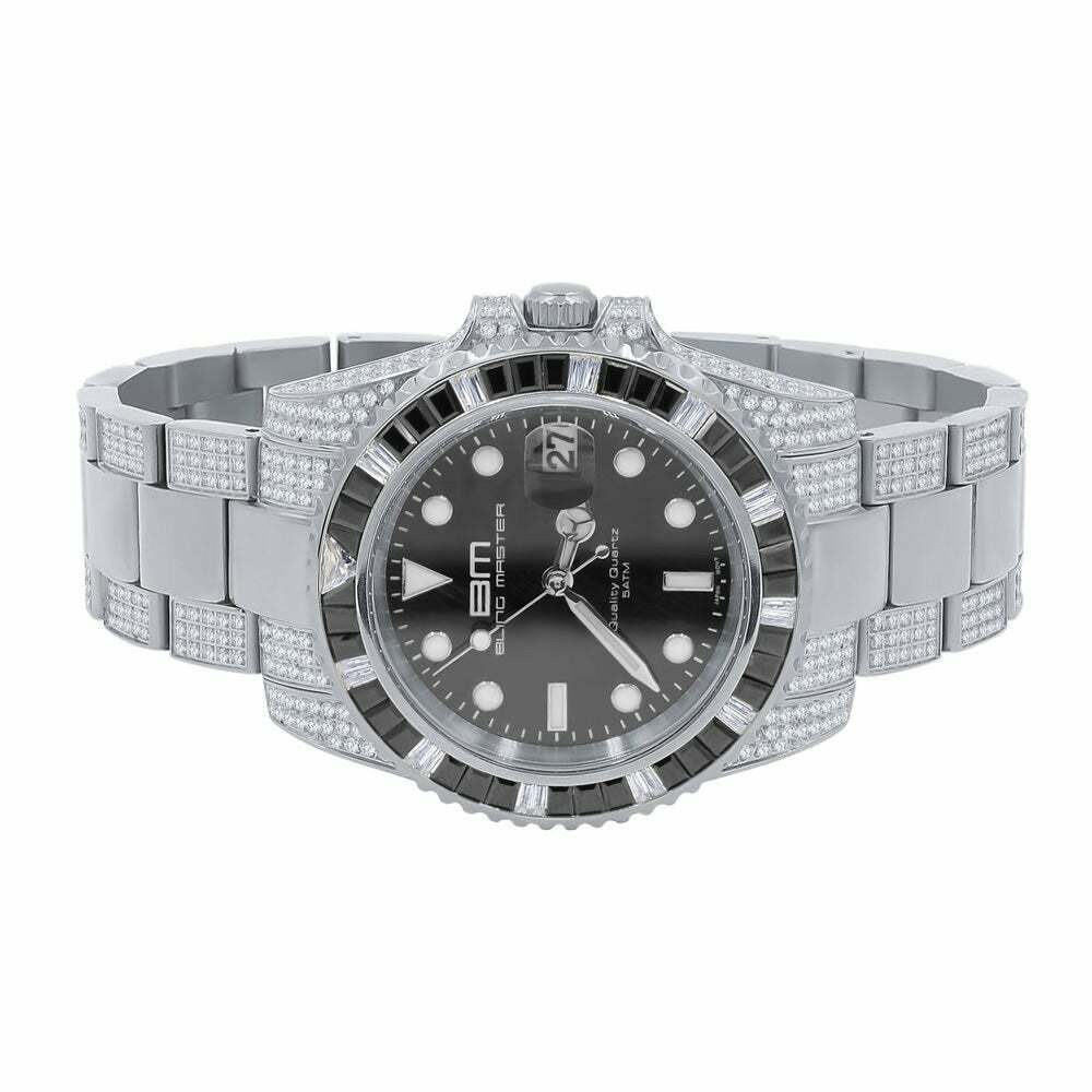 Pre-owned Bling Master Mens Solid Stainless Steel 18k White Gold Finish Simulated Diamond 40mm Watch