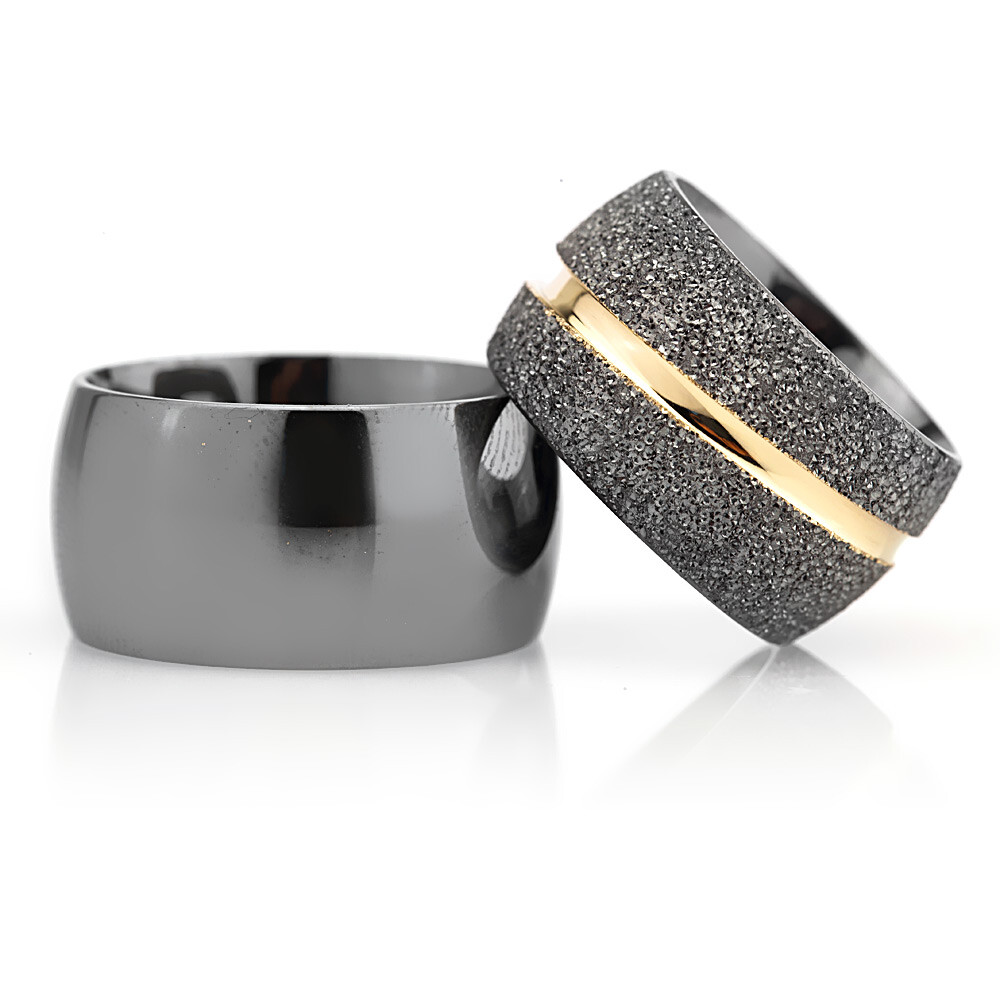 2 Silber 925 Partnerringe Trauringe Eheringe Gold-Schwarz 12 mm Breit K-10912