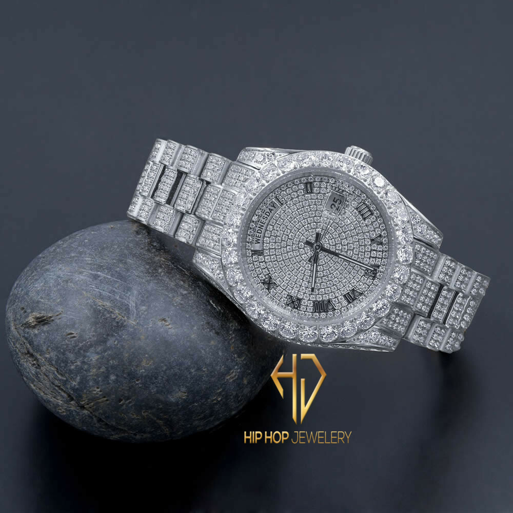 Pre-owned Bling Master Roman Dial Solitaire Stainless Steel 18k White Gold Day & Date 40 Mm Men's Watch