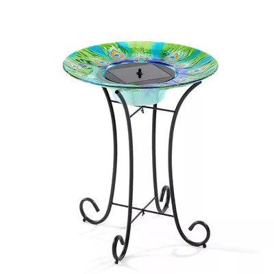 Argus Peacock Glass Solar Birdbath | Outdoor Fountain Green In Sti Smart