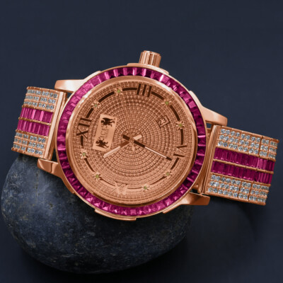 Pre-owned Ice House Custom Band Rose Gold Ruby Red Genuine Diamond Dial Stainless Steel Bezel Watch
