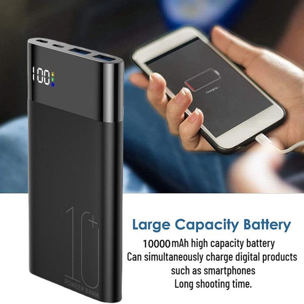 Portable 10000mAh power bank charging a smartphone.