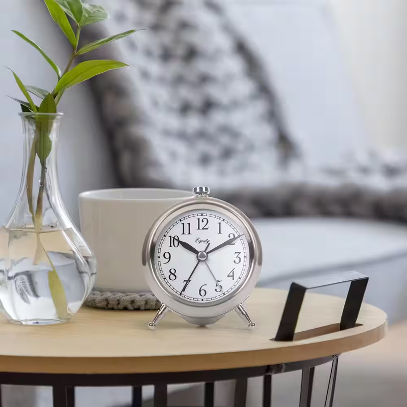 Equity Analog Alarm Clock Silent Quartz Sweep Snooze Backlight Silver Metal 4 in