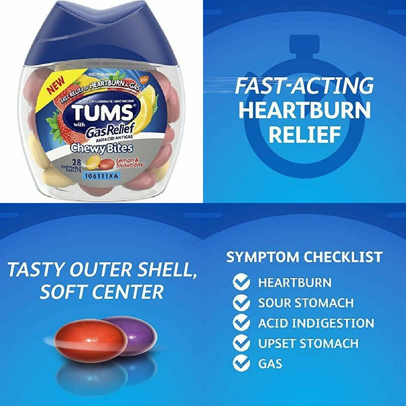 Tums Chewy Bites Antacid with Gas Relief, Lemon and Strawberry, 28