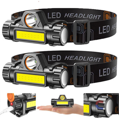 2 PACK COB+LED Headlamp Headlight Torch Flashlight Work Light Bar Head Band Lamp