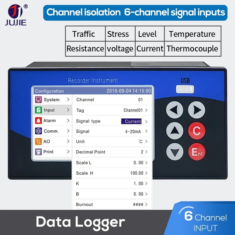 Multichannel Data Recorder PT100 K TC Temperature Sensor Datalogger Color Screen