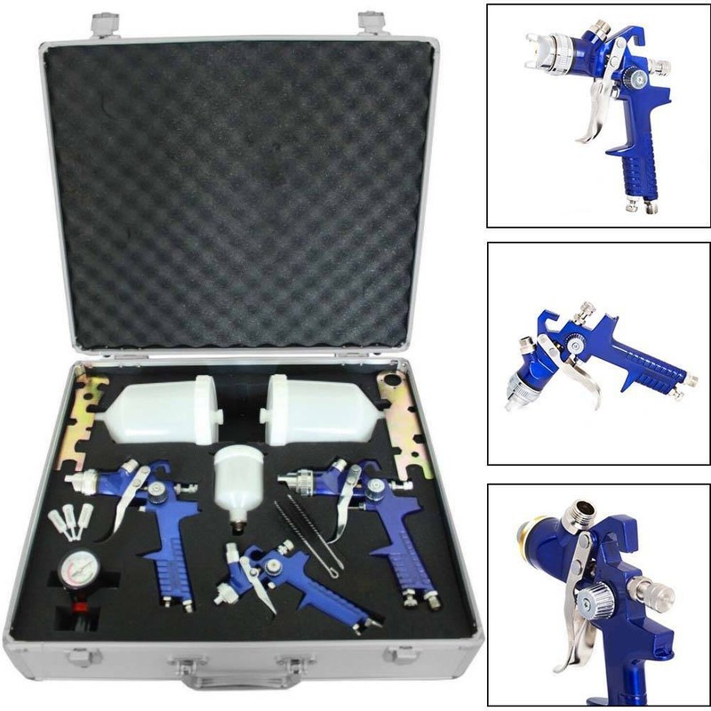 3xHVLP Spraypistole Lackierpistole Set Druckminderer Koffer Luft Aluminium