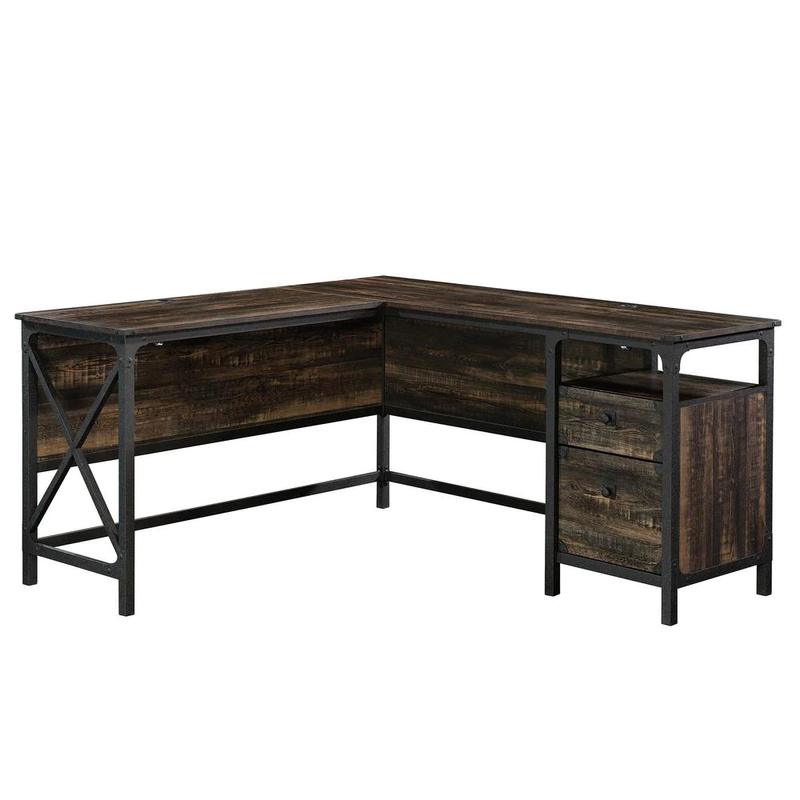 L-Shaped Office Desk Steel River Carbon Oak with File Drawer Industrial Style
