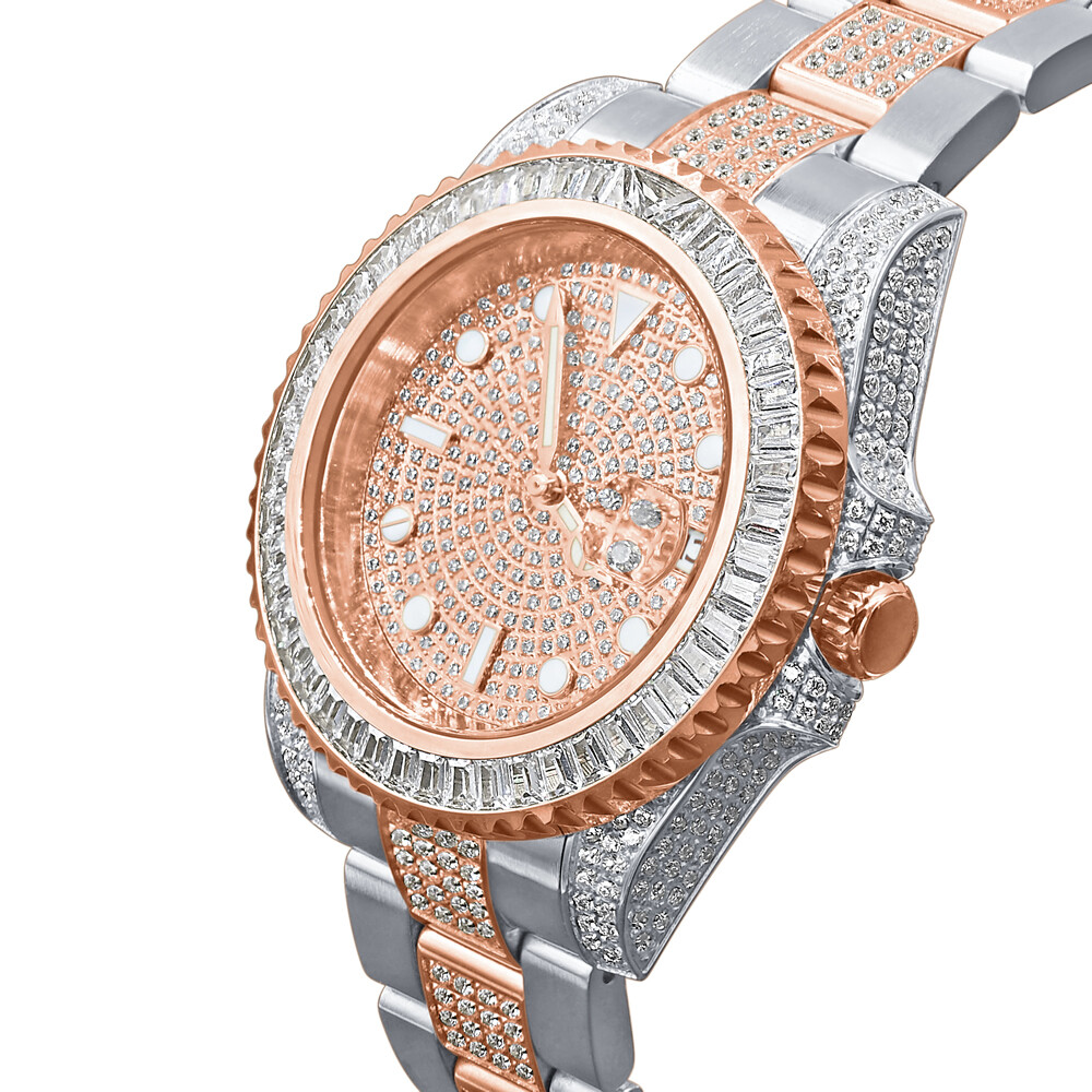 Pre-owned Bling Master 18k Solid Steel 2 Tone Rose Gold Baguette Simulated Diamond W/date 40mm Watch
