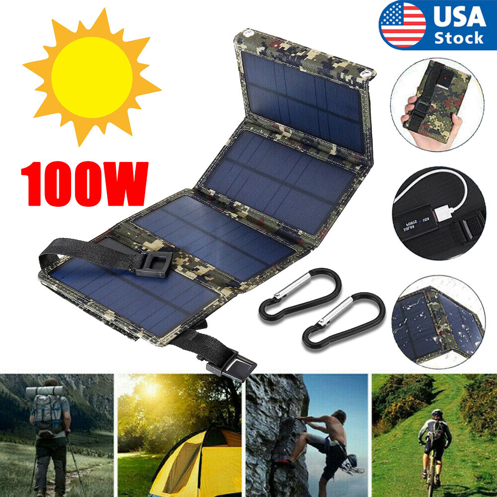 100W USB Solar Panel Folding Power Bank Outdoor Camping Hiking Phone Charger US