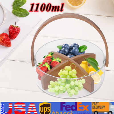 Clear Glass Fruit Bowl Bucket Round Nut Snack Storage Container w/Divider 1100ml
