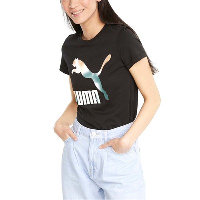

Puma Classics Logo Футболка с круглым вырезом и короткими рукавами Женские черные повседневные топы 53186, Черный