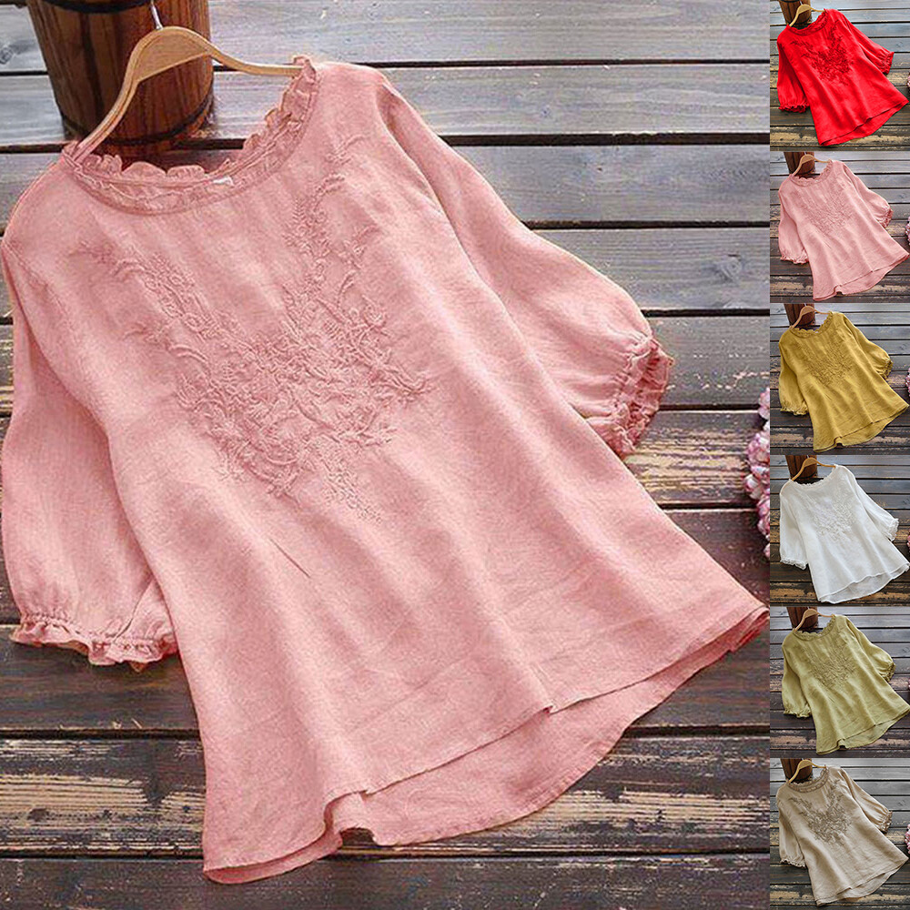 Women Cotton Linen Tunic Shirt Top Ladies Casual Summer Loose Blouse T-Shirt Tee