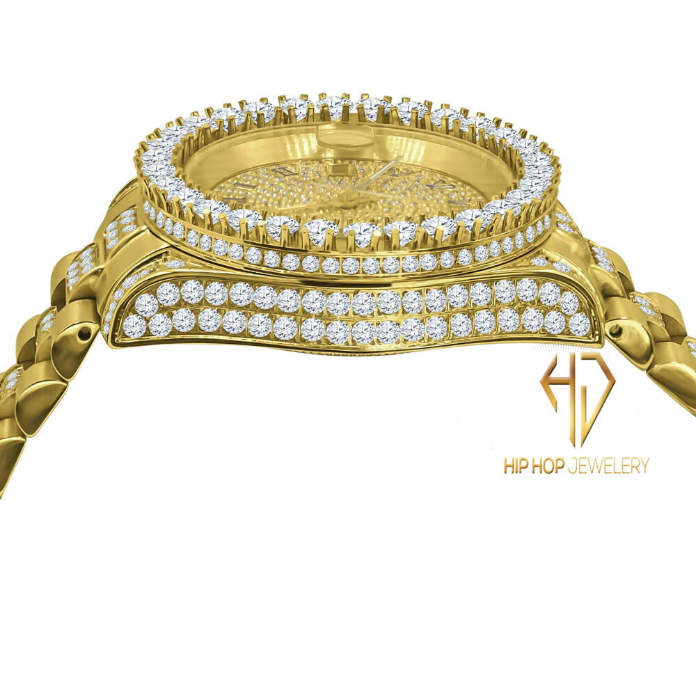 Pre-owned Bling Master 18k Yellow Gold Tone Stainless Steel Simulated Diamonds Presidential Watch 41mm