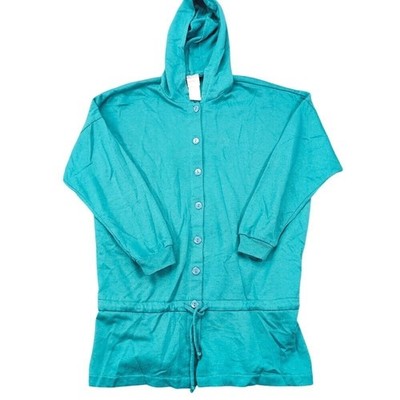 Hooded Terry Romper Drawstring Waist Button Front Aqua Blue Sostanza Medium USA